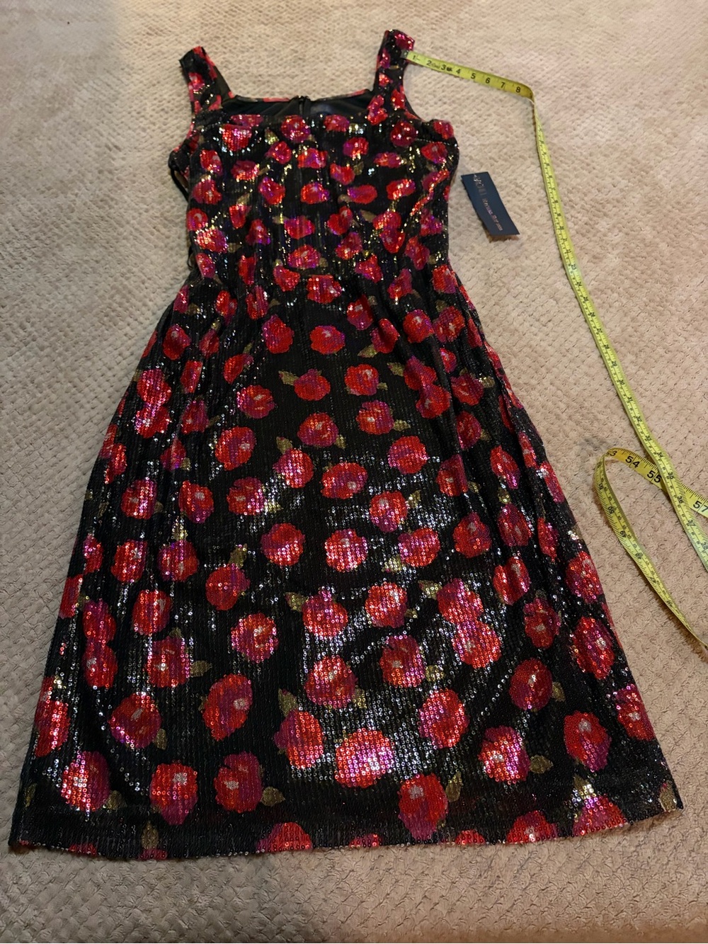 RACHEL Rachel Roy Black Sequin Midi Dress with Red Floral Accents